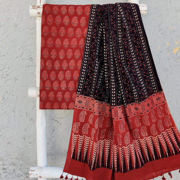 SAILEE-Pure Cotton Ajrak Rust And Black Kairi Design Top With Black And Rust  Dupatta