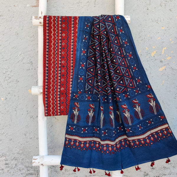 SAILEE-Pure Cotton Ajrak Rust And Blue Different Border Top Blue And Rust Dupatta