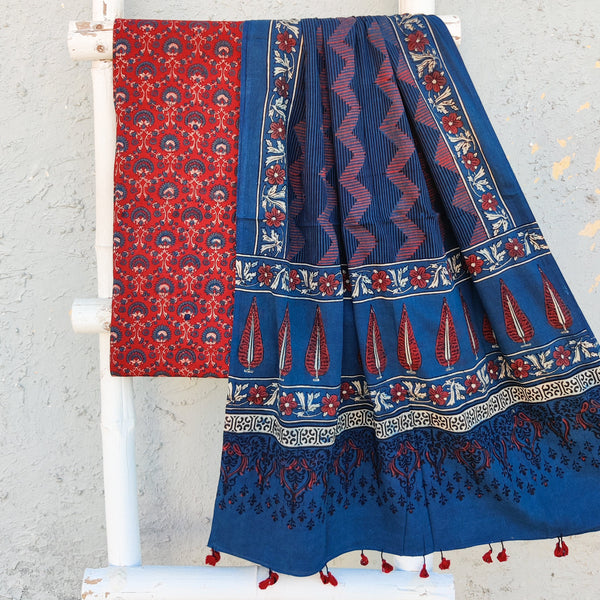 SAILEE-Pure Cotton Ajrak Rust And  Blue Flower Motifs Top And Blue Dupatta