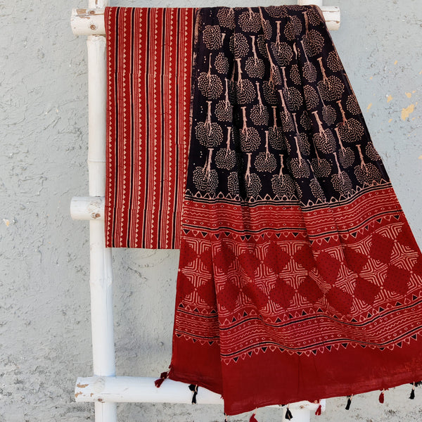 SAILEE-Pure Cotton Ajrak Rust With Cream And Black Stripes And Triangle Border  Top With Black And Rust  Dupatta