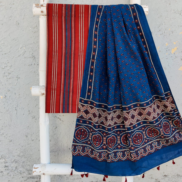 SAILEE-Pure Cotton Ajrak Rust With Cream And Blue Stripes Top With Blue Dupatta