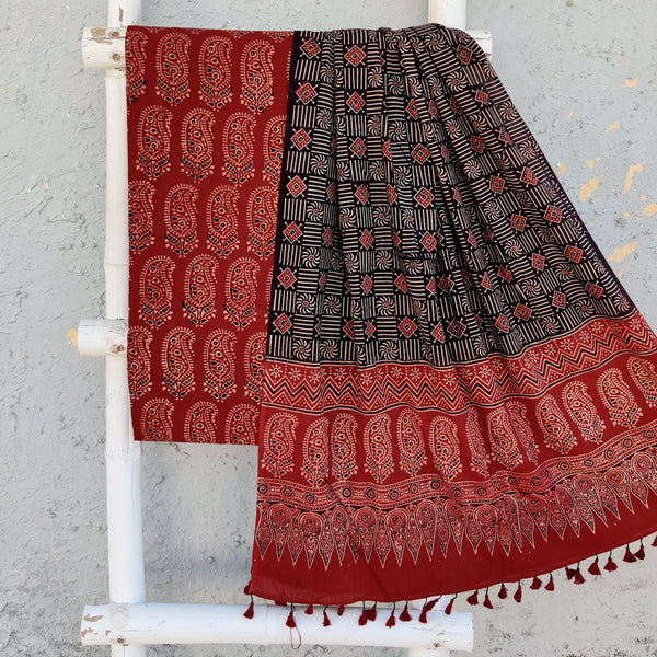 SAILEE-Pure Cotton Ajrak Rust With Cream Kairi Top Black With Rust Dupatta