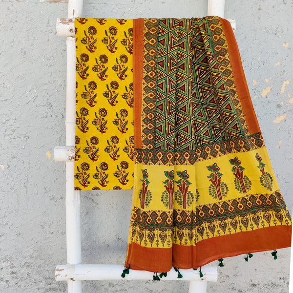 SAILEE-Pure Cotton Ajrak Yellow With Rust And Green Flower Motifs Top And Green And Rust Dupatta