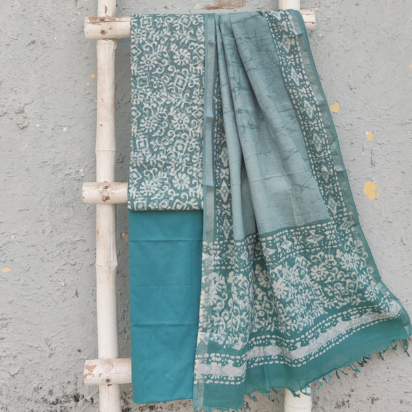 ANUSHKA-Linen Blue With Grey Blue Design Top And Plain Cotton Blue Bottom And Cotton Dupatta