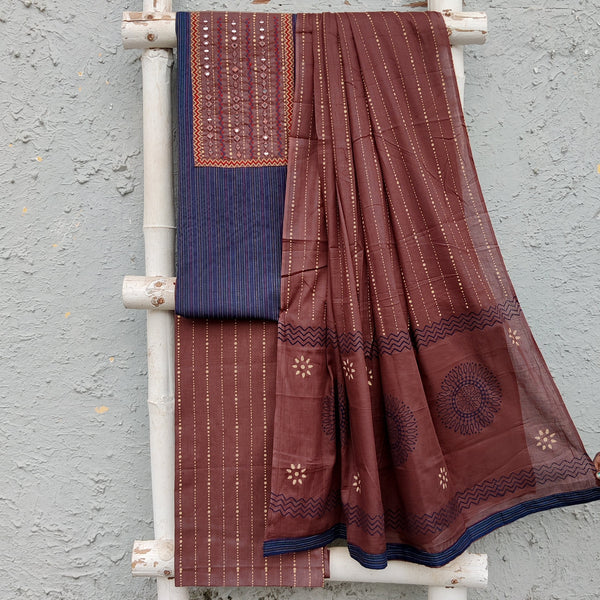 SAJNI-Pure Cotton Handloom  Dark Blue With Dark Brown Intricate Yoke And Dark Brown Cotton Bottom And Cotton Dupatta