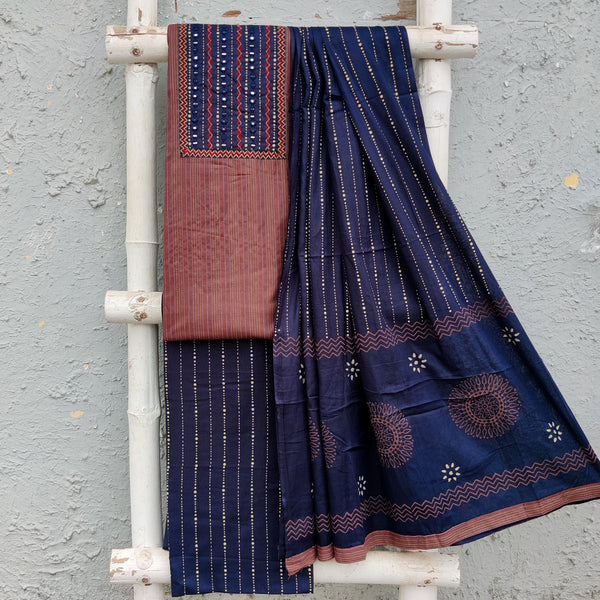 SAJNI-Pure Cotton Handloom  Dark Brown With Blue Intricate Yoke  And Blue Cotton Bottom And Cotton Dupatta