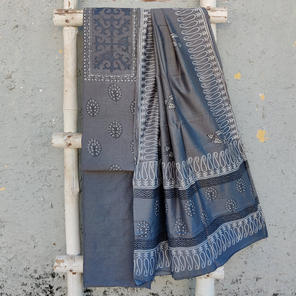 SAMREEN- Cotton Silk Grey With Emboridrey Top And Cotton Silk Bottom Grey  And Grey Cotton Silk Dupatta