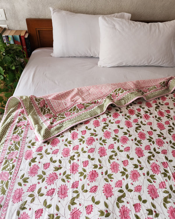 SHYAM GULABI - Pure Cotton Soft Hand Block Printed Double Bed Reversible Dohar Blanket