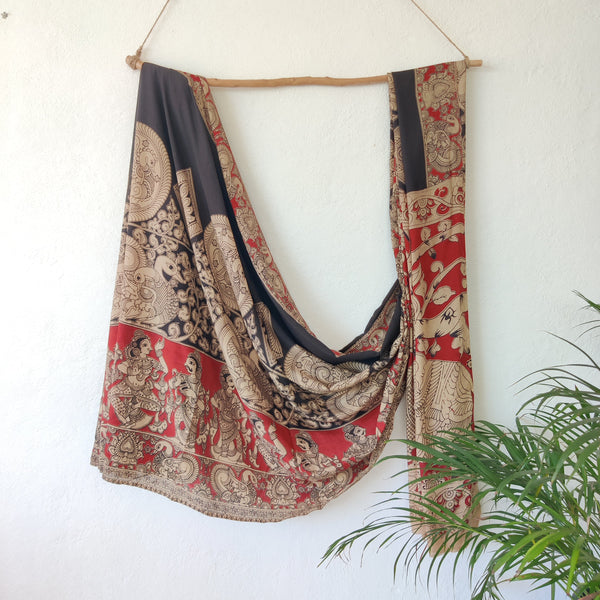 SIYA-Modal Cotton Kalamkari Black And Rust Red With Cream Saree