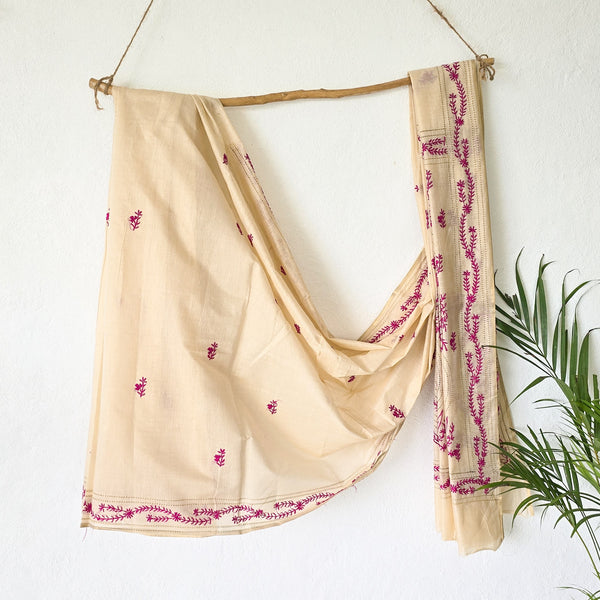 SUI DHAGA - Cream With Pink Kaatha Cotton Silk Saree