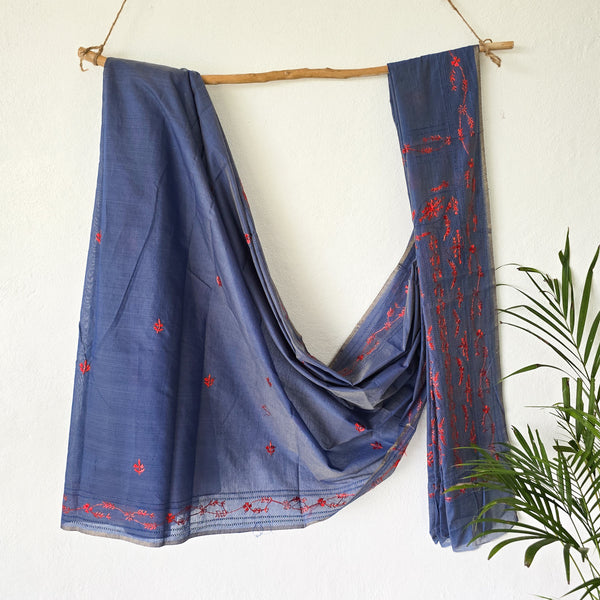 SUI DHAGA - Greyish Blue With Red Kaatha Cotton Silk Saree