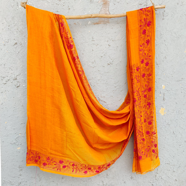 SUI DHAGA-Pure Bengal Mul Cotton Handmade Kaatha Work Saree Orange With Pink