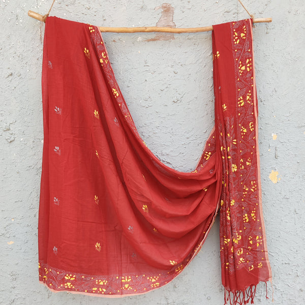 SUI DHAGA-Pure Bengal Mul Cotton Handmade Kaatha Work Saree Rust With Grey And Yellow