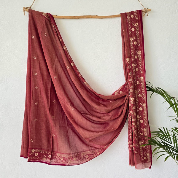 SUI DHAGA-Pure Cotton Mul Maroon With Cream Emboiderey Saree