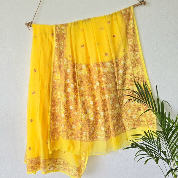 SUI DHAGA-Pure Cotton Mul Yellow With Pink And White Emboiderey Saree