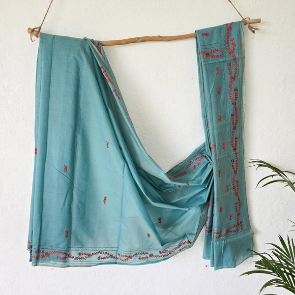 SUI DHAGA - Teal With Red Kaatha Cotton Silk Saree