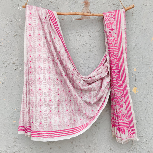 SUI DHAGA-White Semi Bangalore Silk Saree Pink Intricate Multi Colour All Over Tribal Pattern Hand Stitched Saree