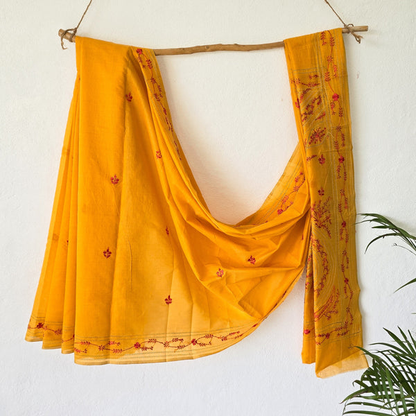 SUI DHAGA - Yellow With Red Kaatha Cotton Silk Saree