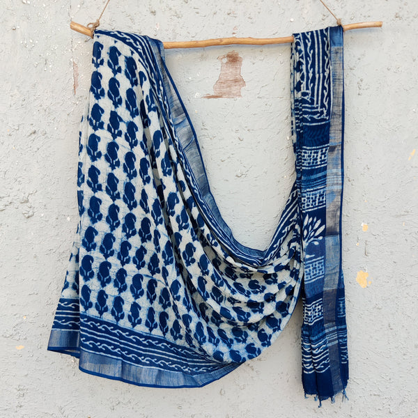 SUKOON-Linen Indigo Kairi Motif Saree