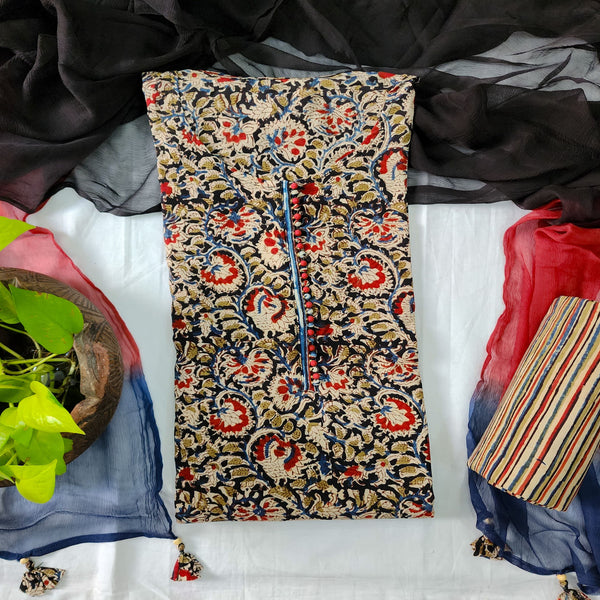 SUVINA-Modal Cotton Kalamkari Black With Red Top And Pure Cotton Stripes Kalamkari Bottom And Chiffion Dupatta