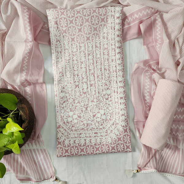 SUVINA-Pure Cotton Baby Pink Heavy Emboriderey Yoke Top And White With Baby Pink Stripes Bottom And Cotton Dupatta