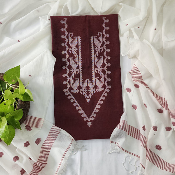 Sachika- Pura Cotton Jamdani Maroon Top And Cotton Dupatta