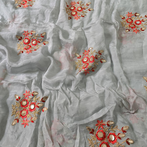 Silky Chinon Light Grey With Red Flower Emboiderey Fabric