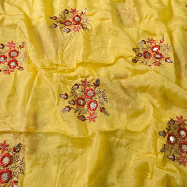 ( Pre-Cut 1.45 Meter )Silky Chinon Light Yellow With Red Flower Emboiderey Fabric