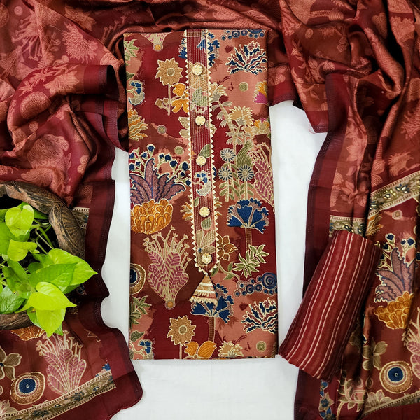 TAJASVI- Muslin Brown With Intricate Design Neck Top And Brown Muslin Stripes Bottom And Muslin Dupatta suit