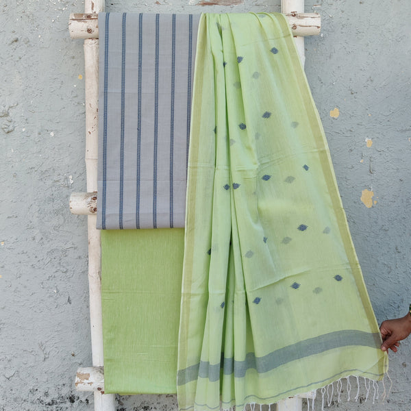 TANISHKA-Pure Cotton Handloom Light Blue Intricate Stripes Design Motif Top And Plain Light Green Bottom And Jamdani Dupatta