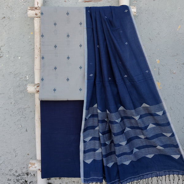 TANISHKA-Pure Cotton Handloom Light Blue Top And Plain Blue Bottom And Jamdani Dupatta