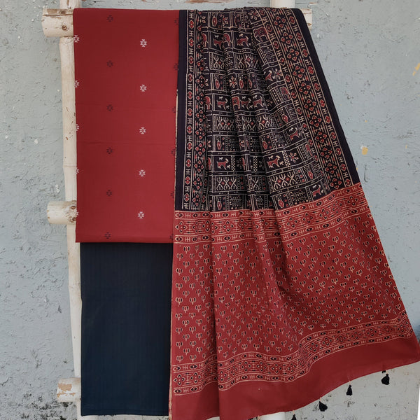 TANISHKA-Pure Cotton Handloom Maroon With Cotton Black Bottom And Black  Animal Design  And Rust Lotus Border Ajrak Dupatta Suit