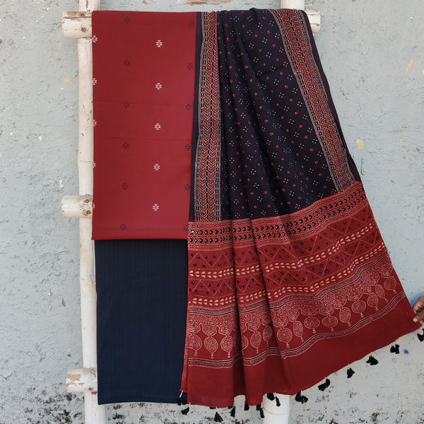 TANISHKA-Pure Cotton Handloom Maroon With Cotton Black Bottom And Black  Dots And Rust Border Ajrak Dupatta Suit