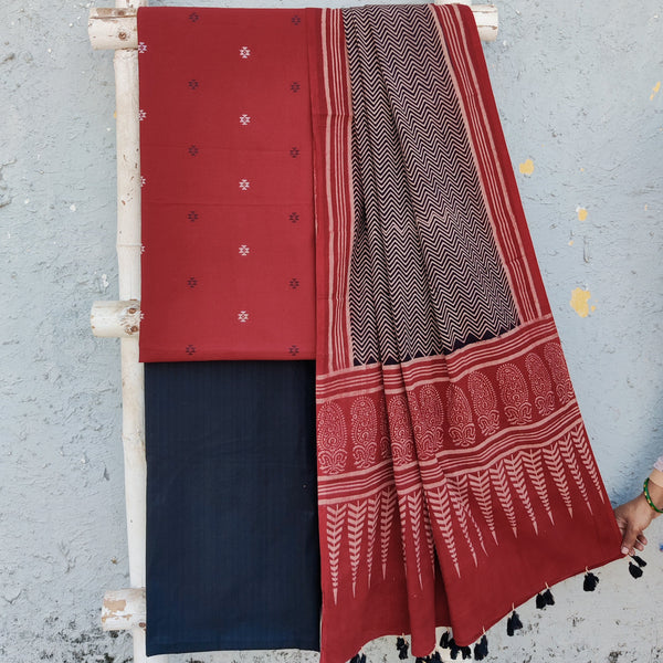 TANISHKA-Pure Cotton Handloom Maroon With Cotton Black Bottom And Black Zig-Zag And Rust Border Ajrak Dupatta Suit