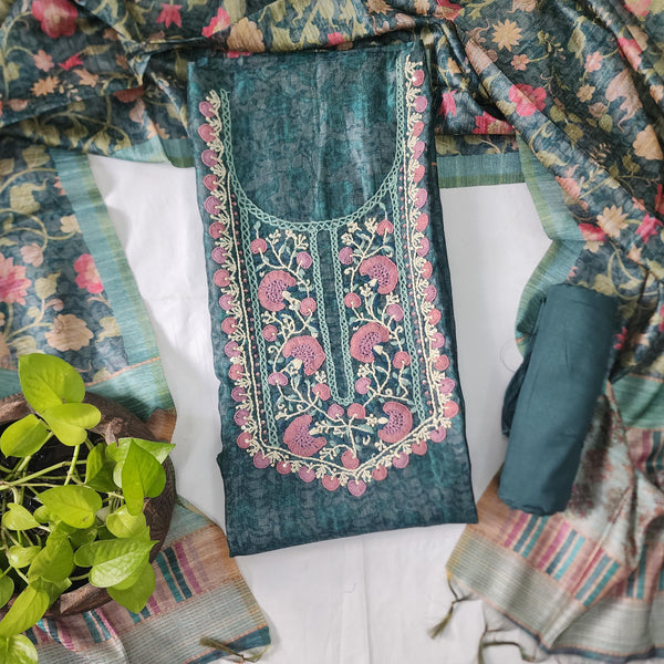 TARA-Cotton Silk Green With Beautifull Emboriderey Yoke Top And Rayon Plain Bottom And Cotton Silk Dupatta