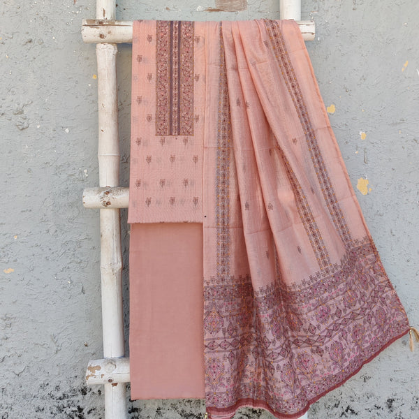 TARA-Cotton Silk Peach With Beautiful Emboriderey Yoke Top And Peach Rayon Plain Bottom And Cotton Silk Dupatta