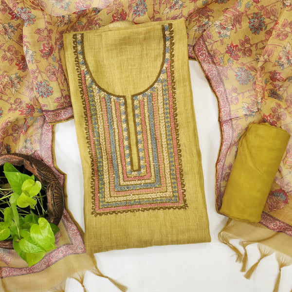 TARA-Linen Mustard With Intricate Design Yoke Top And Rayon Plain Bottom And Linen Dupatta