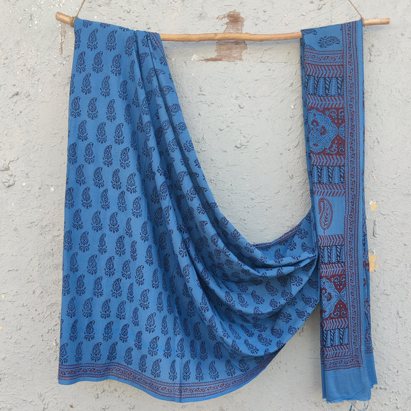 TARA-Pure Cotton  Bagh Blue And Black Hand Block Printed Saree