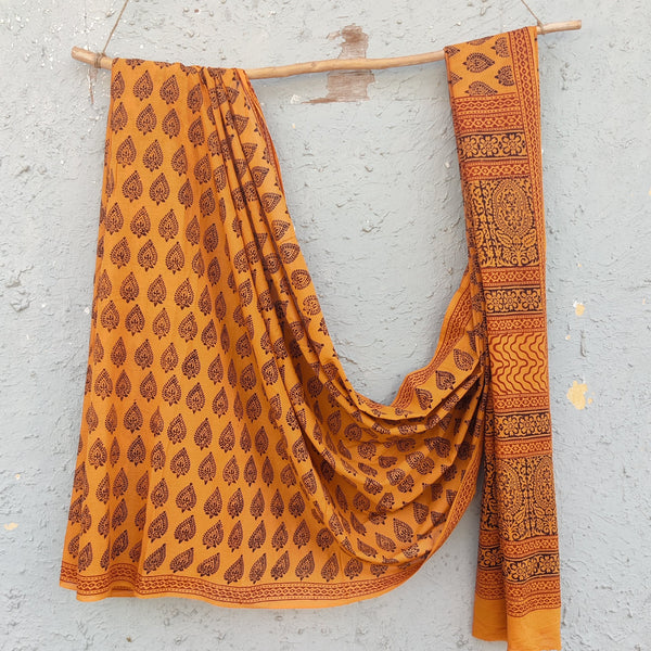 TARA-Pure Cotton  Bagh Orange  Hand Block Printed Saree