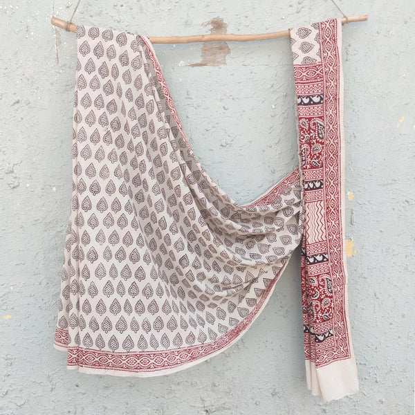 TARA-Pure Cotton  Bagh White With Red And Black Hand Block Printed Fabric