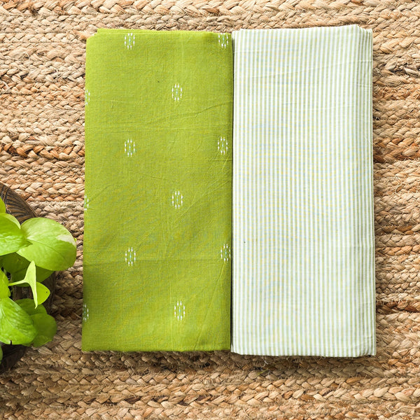 Top Bottom Combo - Pure Cotton Handloom Dash Flower Motifs With Stripes Bottom Fabric GREEN ( 2.5 Meters Each )