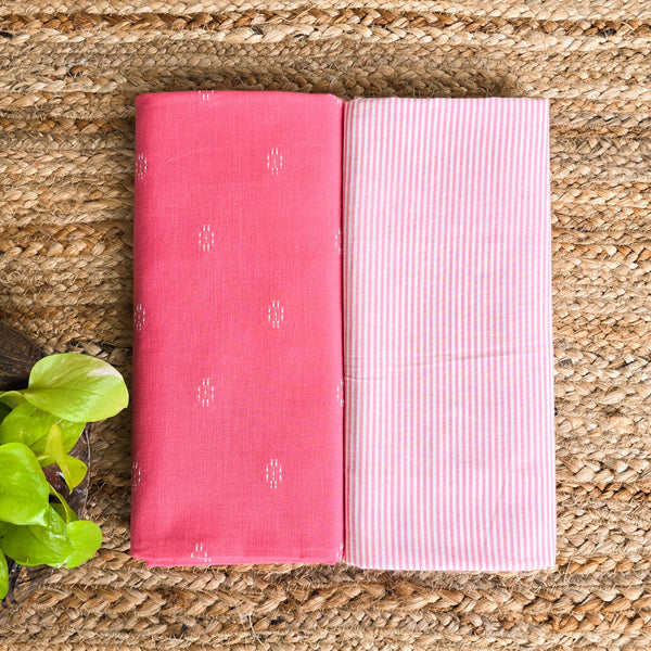 Top Bottom Combo - Pure Cotton Handloom Dash Flower Motifs With Stripes Bottom Fabric PINK ( 2.5 Meters Each )