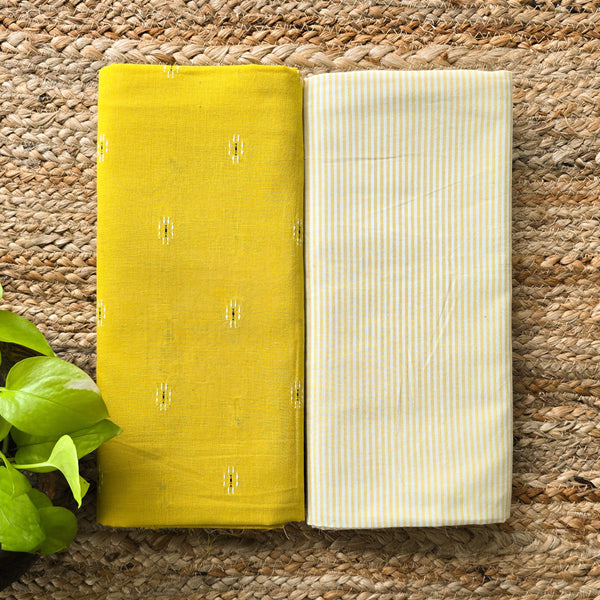 Top Bottom Combo - Pure Cotton Handloom Dash Flower Motifs With Stripes Bottom Fabric YELLOW ( 2.5 Meters Each )