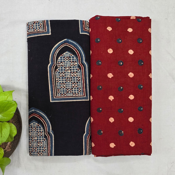 Top Bottom Combo Pure Cotton  Ajrak  Black With Blue Big Window Fabric With  Ajrak Red And Cream And Blue Polka Bottom Fabric (2.5 Meters Each