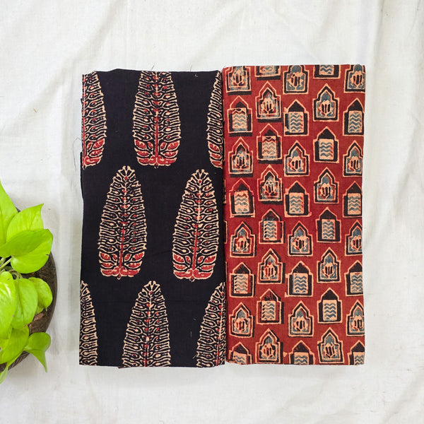 Top Bottom Combo Pure Cotton  Ajrak Black With Cream And Red Big Leaves Motifs Fabric With Red Ajrak Small Windows Bottom Fabric (2.5 Meters Each)