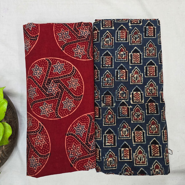 Top Bottom Combo Pure Cotton  Ajrak Red Big Circle Design Fabric With Blue Ajrak Small Windows Bottom Fabric (2.5 Meters Each)