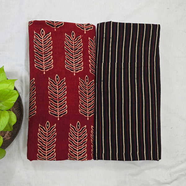 Top Bottom Combo Pure Cotton Ajrak Rust Red With Leaves Fabric With Ajrak Black And Cream Stripes Bottom Fabric (2.5 Meters Each)