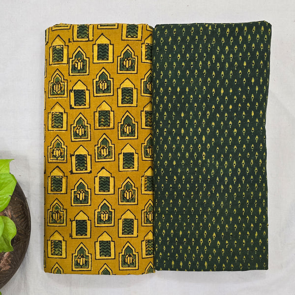 Top Bottom Combo Pure Cotton Ajrak Yellow With Green Small Window Fabric With Green With Black Tiny Buds Bottom Fabric (2.5 Meters Each)