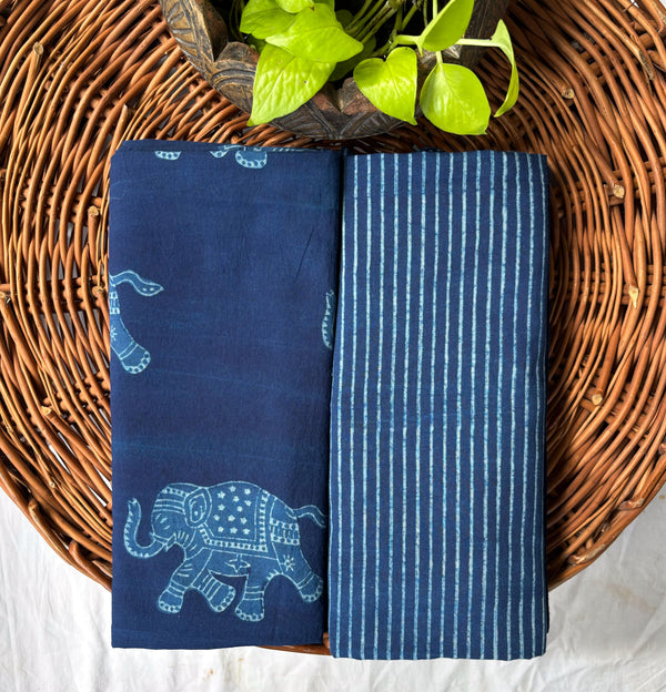 Top Bottom Combo Pure Cotton Akola Indigo Elephant Motif And Stripes Bottom Fabric (2.5 Meters Each)