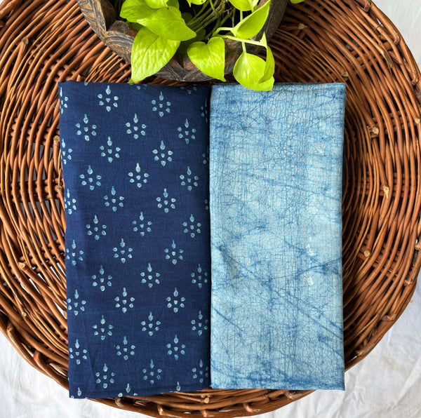 Top Bottom Combo Pure Cotton Akola Indigo Flower Design Top Fabric And Marbel Design Bottom Fabric (2.5 Meters Each